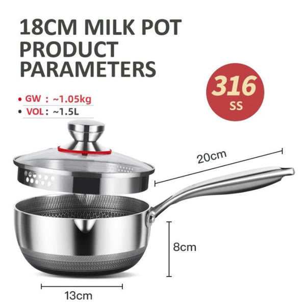 18Cm 316L Stainless Steel Saucepan Compound Honeycomb Nonstick Pan With Glass Lid 1.5L Pot Stay Cool Handle Multipurpose Milk Induction Capable And Ga
