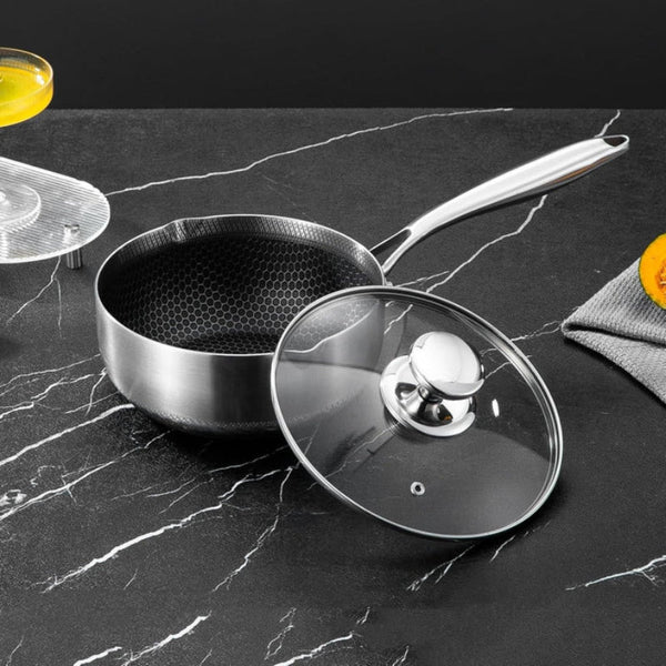24Cm 316L Stainless Steel Saucepan Compound Honeycomb Nonstick Pan With Glass Lid 3.2L Pot Stay Cool Handle Multipurpose Milk Induction Capable And Ga