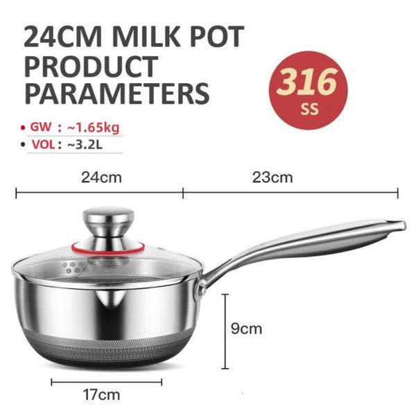 24Cm 316L Stainless Steel Saucepan Compound Honeycomb Nonstick Pan With Glass Lid 3.2L Pot Stay Cool Handle Multipurpose Milk Induction Capable And Ga