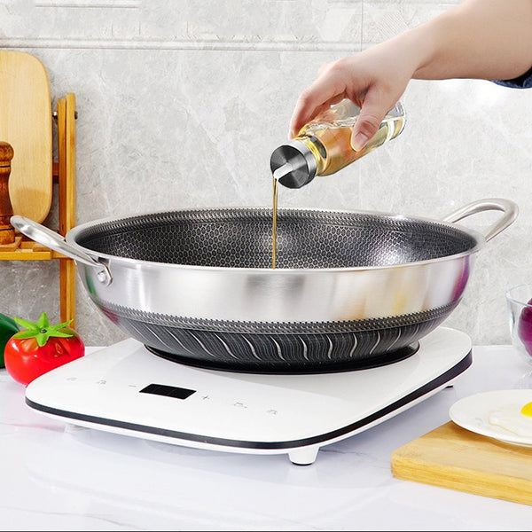 Double Ear 304 Stainless Steel 38Cm Non Stick Stir Fry Cooking Kitchen Wok Pan With Lid Honeycomb Sided Woks