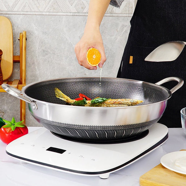 40Cm Double Ear 316 Stainless Steel Non Stick Stir Fry Cooking Kitchen Wok Pan With Lid Honeycomb Sided Woks