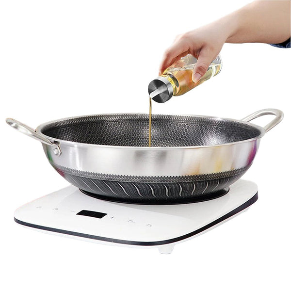 304 Stainless Steel 40Cm Double Ear Non Stick Stir Fry Cooking Kitchen Wok Pan Without Lid Honeycomb Sided Woks
