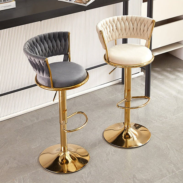 Serenita 2X Height Swivel Bar Stool Velvet Golden Base Barstools Chairs Padded Seat Beige Benches Bar Stools