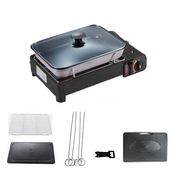 Gas Stove Burner Butane Bbq Camping Cooker With Non Stick Plate Black Fish Pan And Lid Camping Stoves