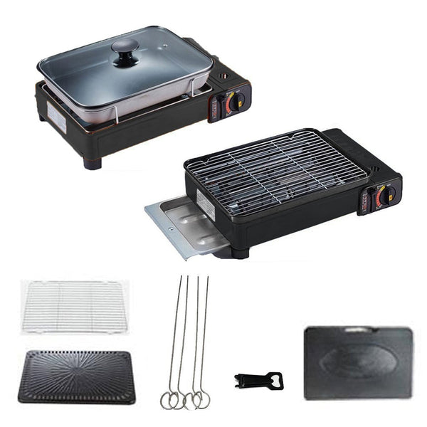 Gas Stove Burner Butane Bbq Camping Cooker With Non Stick Plate Black Fish Pan And Lid Camping Stoves