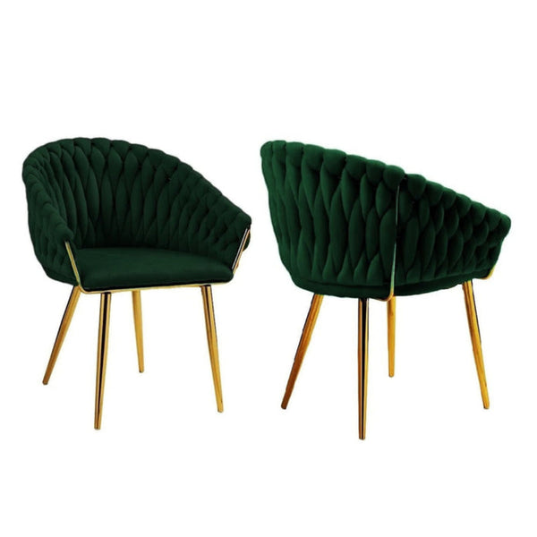 Serenita Emerald Green Modern Velvet Upholstered Living Room With Woven Back And Golden Metal Legs Mid Century Accent Set Of 2(Green) Dining Chairs