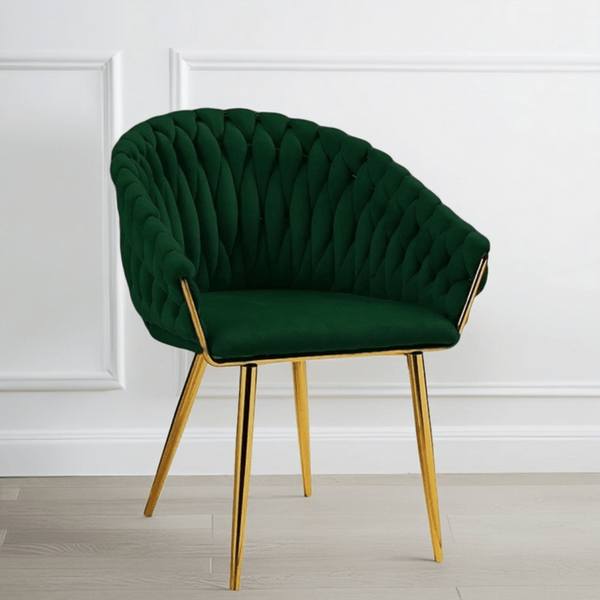 Serenita Emerald Green Modern Velvet Upholstered Living Room With Woven Back And Golden Metal Legs Mid Century Accent Set Of 2(Green) Dining Chairs