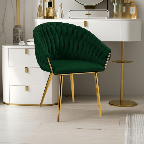 Serenita Emerald Green Modern Velvet Upholstered Living Room With Woven Back And Golden Metal Legs Mid Century Accent Set Of 2(Green) Dining Chairs
