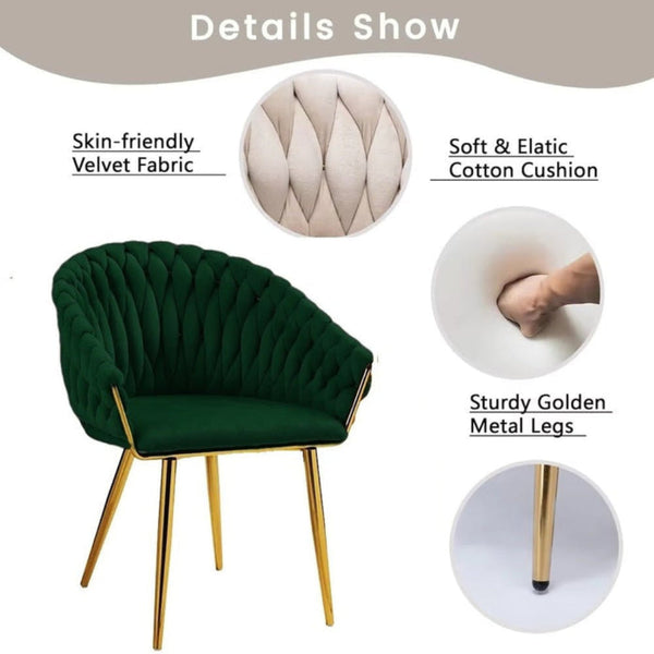 Serenita Emerald Green Modern Velvet Upholstered Living Room With Woven Back And Golden Metal Legs Mid Century Accent Set Of 2(Green) Dining Chairs