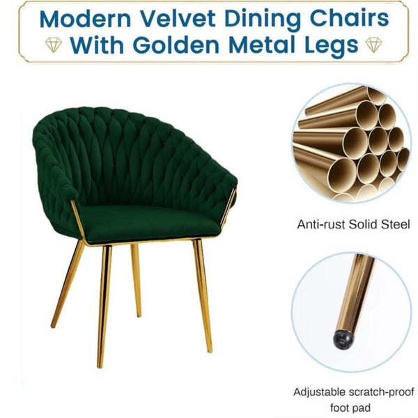 Serenita Emerald Green Modern Velvet Upholstered Living Room With Woven Back And Golden Metal Legs Mid Century Accent Set Of 2(Green) Dining Chairs