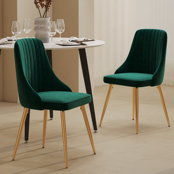 Viva Forever Set Of 2 Green Velvet Art Deco Design With Gold Metal Legs Dining Chairs
