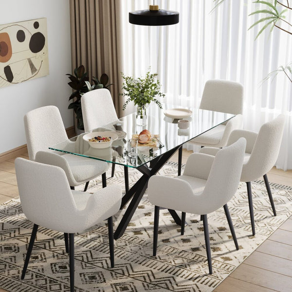 2 Pcs Boucle Teddy Sherpa Fabric Bliss Armrest Dining Chair Ensemble White Dining Chairs