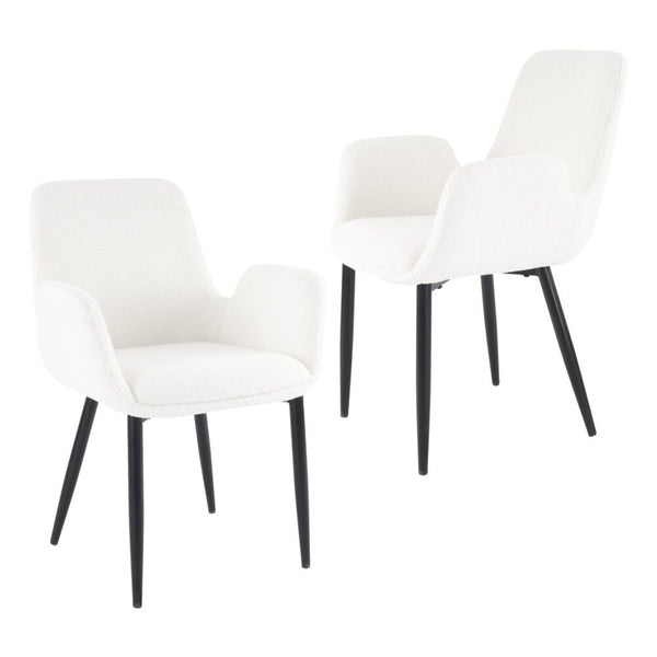 2 Pcs Boucle Teddy Sherpa Fabric Bliss Armrest Dining Chair Ensemble White Dining Chairs