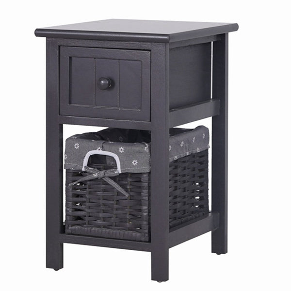 Grey Bedside Table With Wicker Basket Bedside Tables