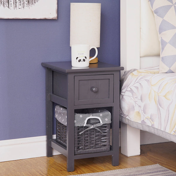 Grey Bedside Table With Wicker Basket Bedside Tables