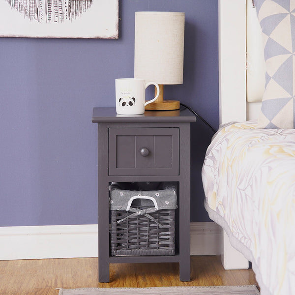 Grey Bedside Table With Wicker Basket Bedside Tables