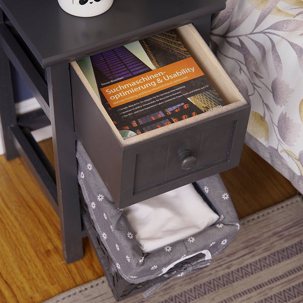 Grey Bedside Table With Wicker Basket Bedside Tables