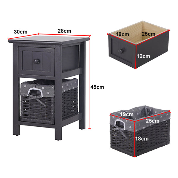 Grey Bedside Table With Wicker Basket Bedside Tables