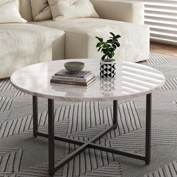 Dreamo White Marble Effect Round Coffee Table With Black Legs Coffee Tables