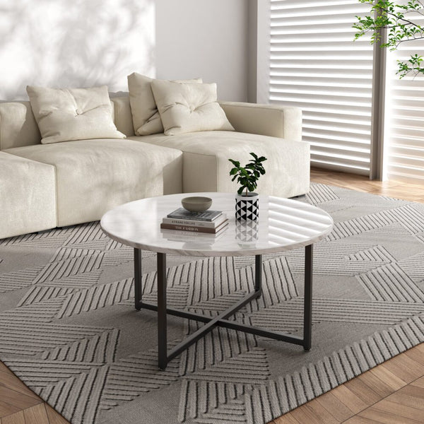 Dreamo White Marble Effect Round Coffee Table With Black Legs Coffee Tables