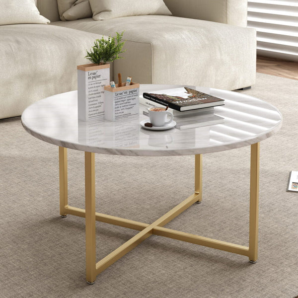 Dreamo White Marble Effect Round Coffee Table With Gold Legs Coffee Tables