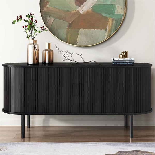Dreamo Ribbed Black Sideboard With Sliding Doors Sideboards & Buffets