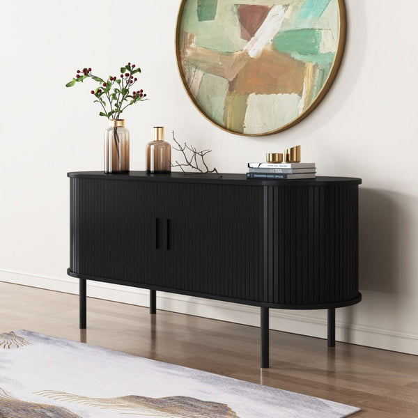 Dreamo Ribbed Black Sideboard With Sliding Doors Sideboards & Buffets
