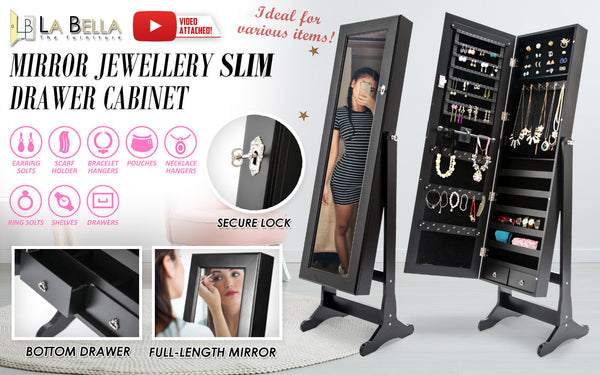 Mirror Jewellery Cabinet Organiser With Two Drawers Black Holder 146Cm Jewellery Holders & Organisers