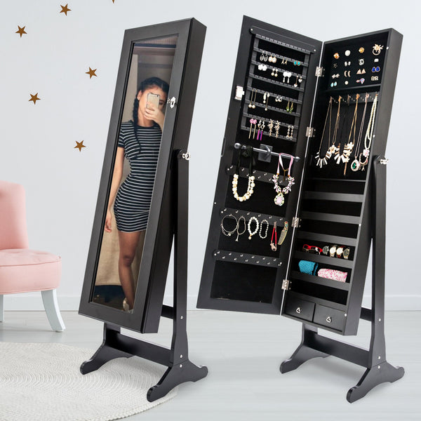 Mirror Jewellery Cabinet Organiser With Two Drawers Black Holder 146Cm Jewellery Holders & Organisers