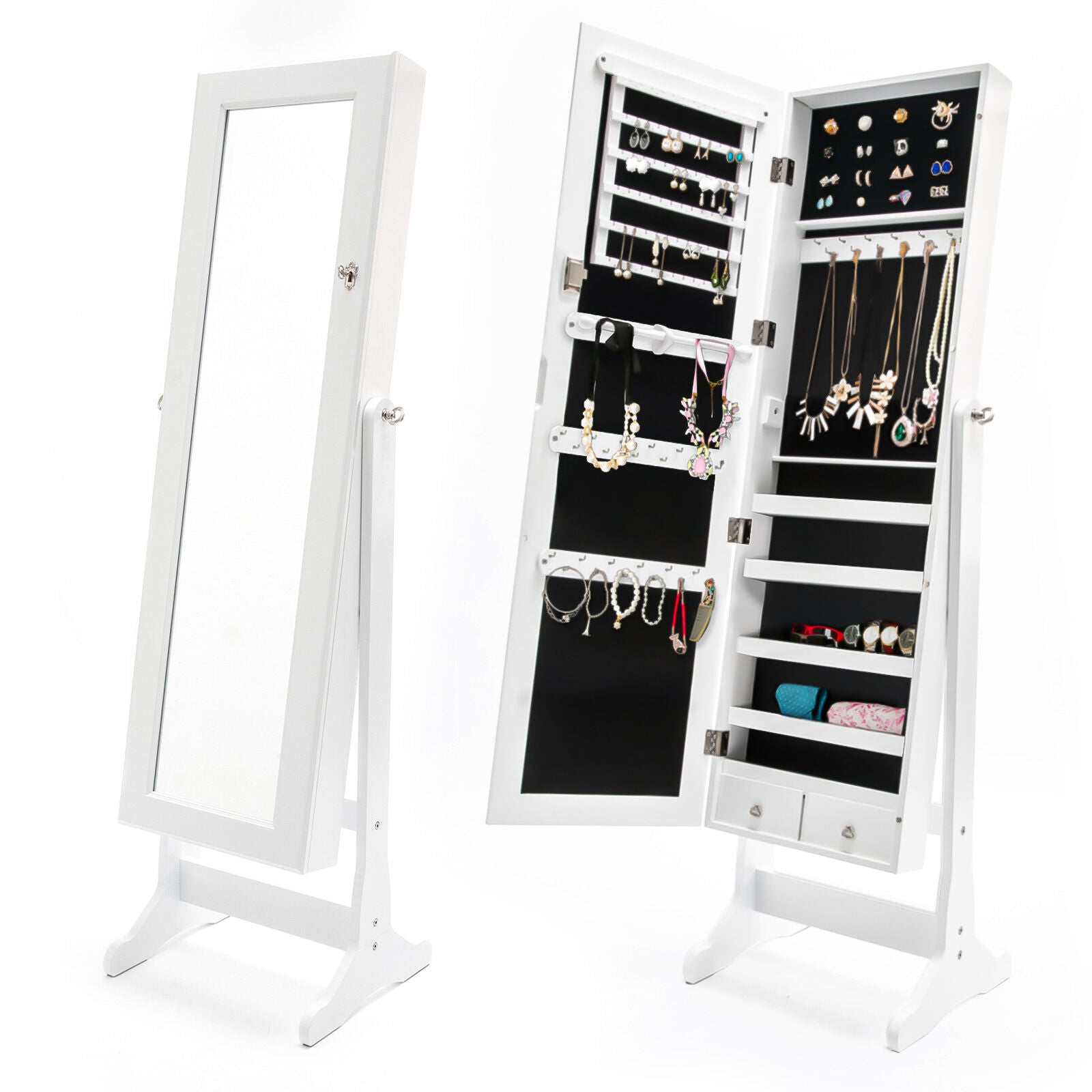 Mirror Jewellery Cabinet Organiser 2 Drawers Lowe 146Cm White Jewellery Holders & Organisers