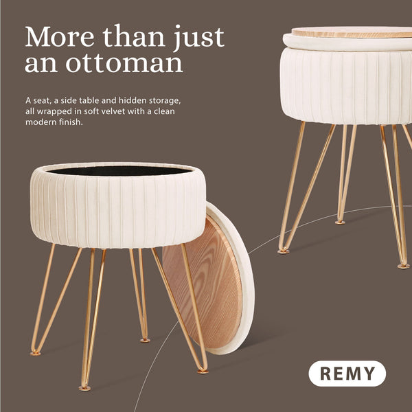 Side Table Storage Ottoman Velvet Padded Stool Vanity Footstool Remy Cream Beige Ottomans Footstools & Poufs