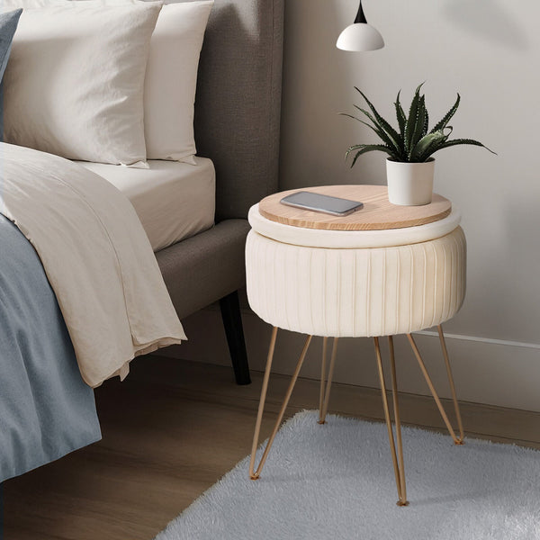 Side Table Storage Ottoman Velvet Padded Stool Vanity Footstool Remy Cream Beige Ottomans Footstools & Poufs
