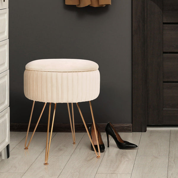 Side Table Storage Ottoman Velvet Padded Stool Vanity Footstool Remy Cream Beige Ottomans Footstools & Poufs