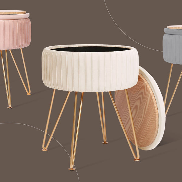 Side Table Storage Ottoman Velvet Padded Stool Vanity Footstool Remy Cream Beige Ottomans Footstools & Poufs