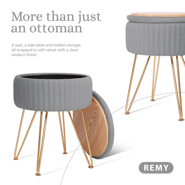 Side Table Storage Ottoman Velvet Padded Stool Vanity Footstool Remy Grey Ottomans Footstools & Poufs