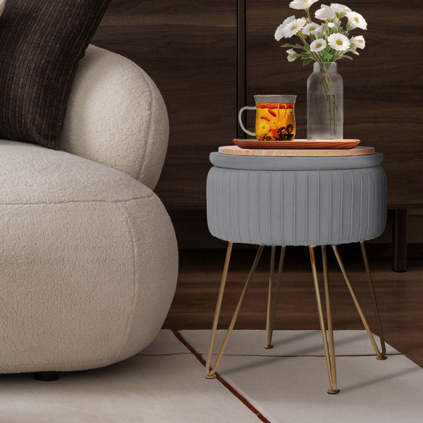 Side Table Storage Ottoman Velvet Padded Stool Vanity Footstool Remy Grey Ottomans Footstools & Poufs