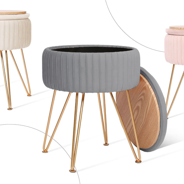 Side Table Storage Ottoman Velvet Padded Stool Vanity Footstool Remy Grey Ottomans Footstools & Poufs