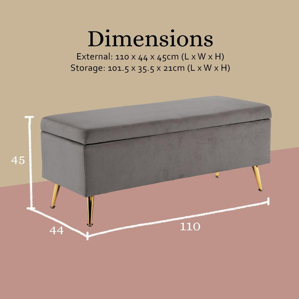 La Bella Storage Stool Bench Seat 110Cm Velvet Grey Ottomans Footstools & Poufs