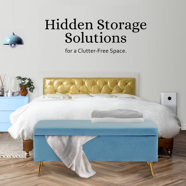 La Bella Storage Stool Bench Seat 110Cm Velvet Ocean Blue Ottomans Footstools & Poufs