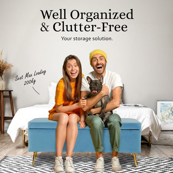 La Bella Storage Stool Bench Seat 110Cm Velvet Ocean Blue Ottomans Footstools & Poufs