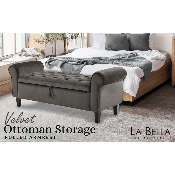 La Bella Storage Stool Arm Bench Seat 132Cm Velvet Grey Ottomans Footstools & Poufs