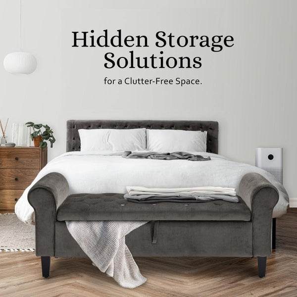 La Bella Storage Stool Arm Bench Seat 132Cm Velvet Grey Ottomans Footstools & Poufs