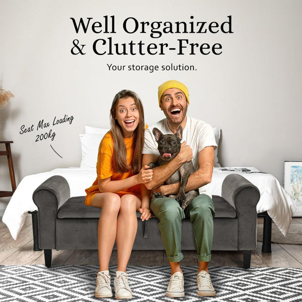 La Bella Storage Stool Arm Bench Seat 132Cm Velvet Grey Ottomans Footstools & Poufs