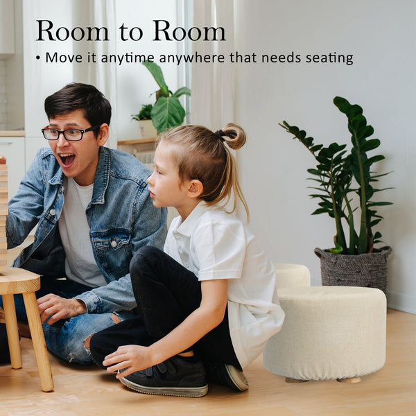 Fabric Ottoman Round Foot Stool With Wooden Legs Beige Furniture Home Ottomans Footstools & Poufs