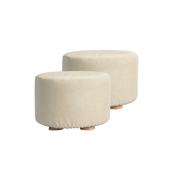 2X Fabric Ottoman Round Wooden Leg Foot Stool Beige Ottomans Footstools & Poufs