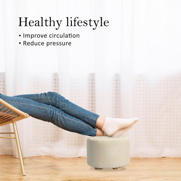 2X Fabric Ottoman Round Wooden Leg Foot Stool Beige Ottomans Footstools & Poufs