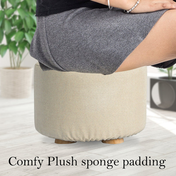 2X Fabric Ottoman Round Wooden Leg Foot Stool Beige Ottomans Footstools & Poufs
