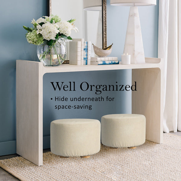 2X Fabric Ottoman Round Wooden Leg Foot Stool Beige Ottomans Footstools & Poufs