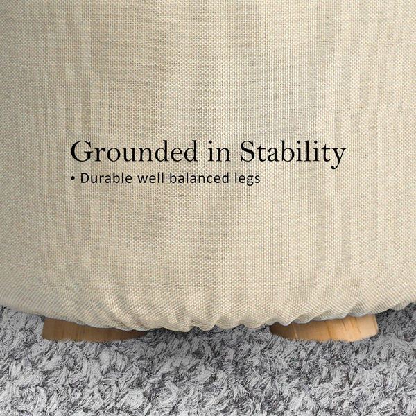 2X Fabric Ottoman Round Wooden Leg Foot Stool Beige Ottomans Footstools & Poufs