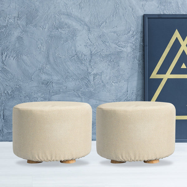 2X Fabric Ottoman Round Wooden Leg Foot Stool Beige Ottomans Footstools & Poufs